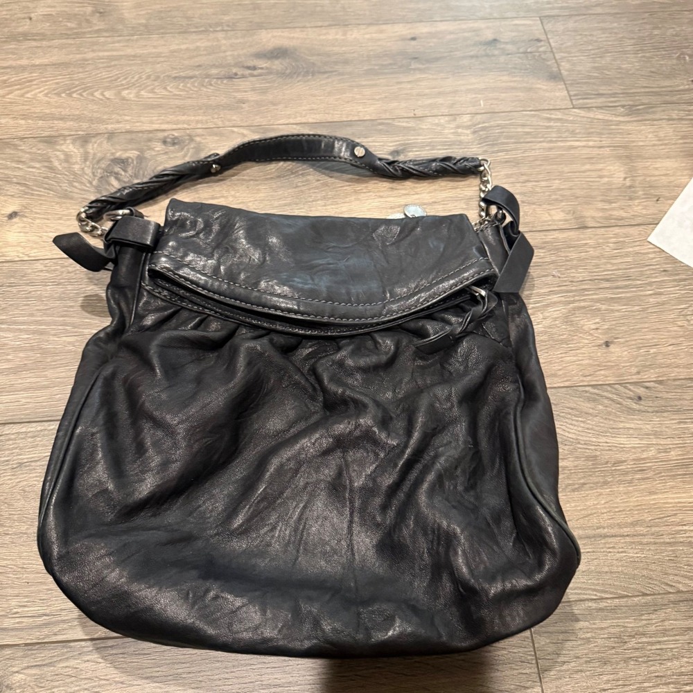 Rebecca Taylor Shoulder Bag Womens Large Black Leather Excellent Braided Chain